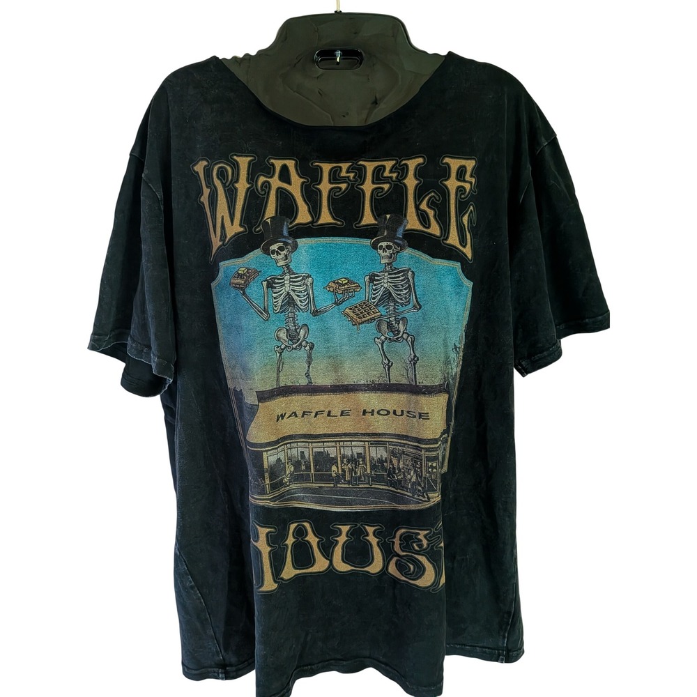 Waffle House Graphic Tee L Skeleton Edgy Shirt Cut Out Halloween Goth Collar